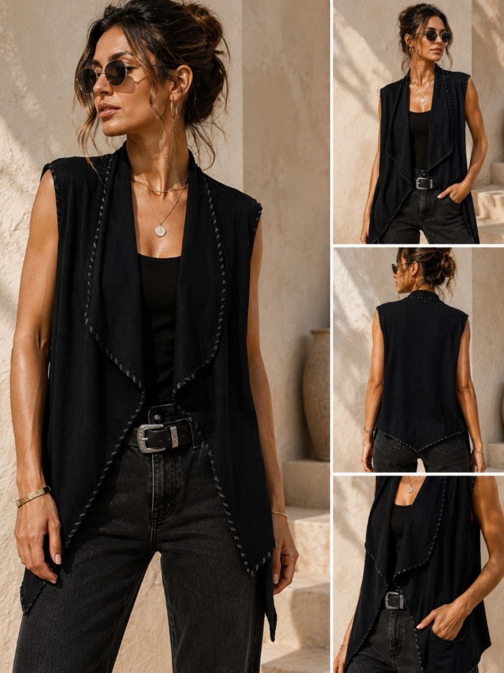 Bianca Nygard Tassled Vest Womens Size XL Black Knit Cowgirl Boho Neutral